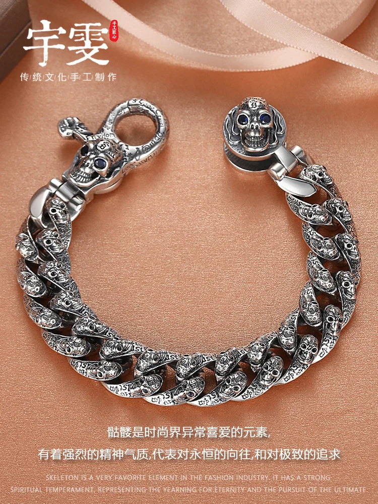 European and American S925 Sterling Silver Retro Skull Bracelet for Men, Trendy Hip-Hop Punk Bold Silver Bangle