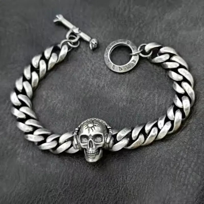 BOCAI Retro Style S925 Sterling Silver with Pattern Trendy Personalized Skull Bracelet for Men