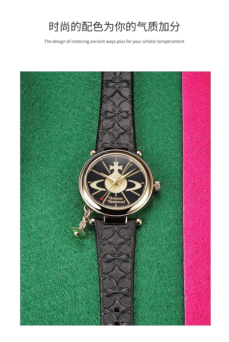 Vivienne Westwood Saturn Pendant Fashionable Exquisite Black Leather Strap Ladies' Watch