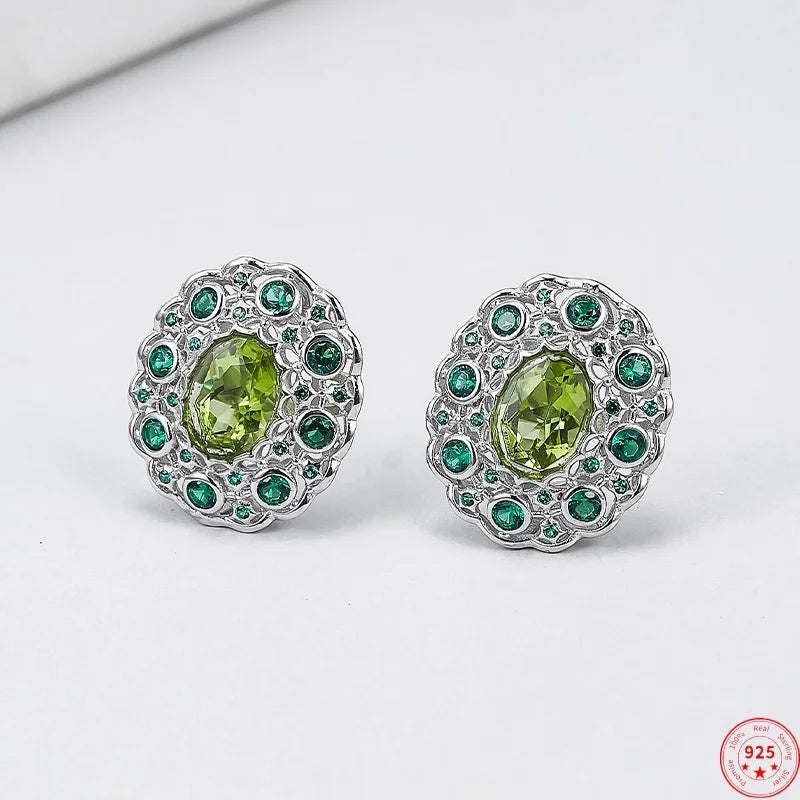 S925 Sterling Silver Studs Earring for Women Peridot Micro Inlay Zirconl Palace Style Ear Studs Fashion Jewelry Wholesale