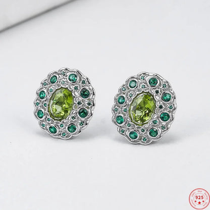 S925 Sterling Silver Studs Earring for Women Peridot Micro Inlay Zirconl Palace Style Ear Studs Fashion Jewelry Wholesale