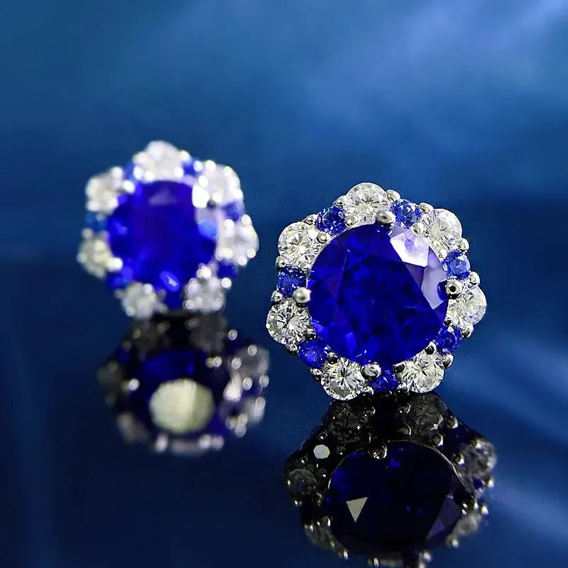 PANSYSEN Vintage 100% 925 Sterling Silver 8MM 2CT Flower Lab Sapphire Diamond Stud Earrings for Women Party Fine Jewelry Gift
