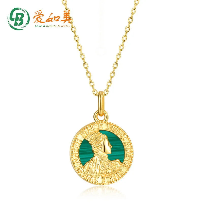 New Antique Coin Portrait Necklace for Women, Vintage Turquoise 18K Gold PT950 Platinum Silver Plated 7-layer Gold Pendant