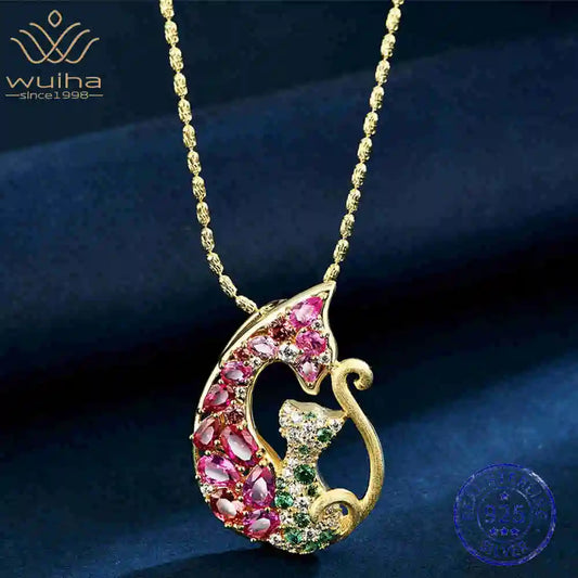 WUIHA Vintage 925 Sterling Silver 4 * 6 MM Lab Sapphire High Carbon Diamonds Gemstone Pendant Necklace Fine Jewelry Wholesale