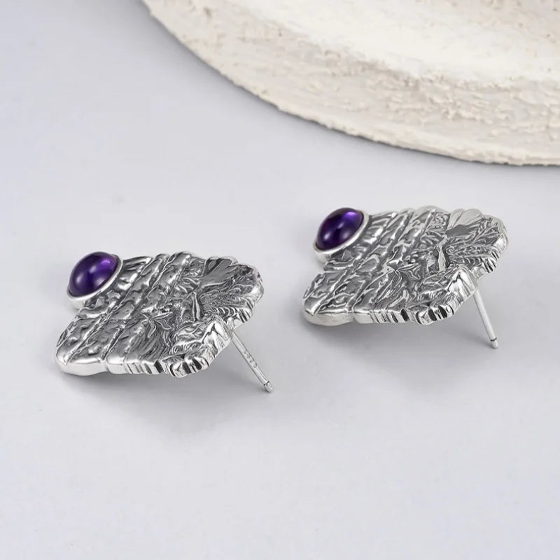 S925 Sterling Silver Stud Earrings for Women Mermaid Retro Texture Geometric Pattern Inlaid Amethyst Ear Stud Jewelry Wholesale