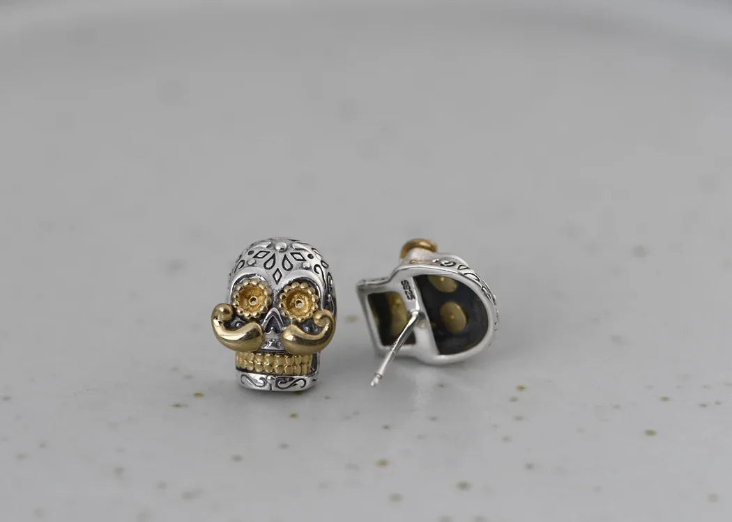 Real S925 Silver Jewelry Retro Thai Fashion Punk Style Long Beard Skull Earrings for Men
