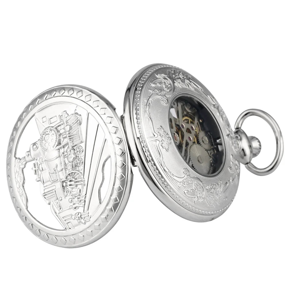 Steampunk Vintage Train Pattern Mechanical Hand-wind Pocket Watch Red Copper Pendant Antique Clock Manual Mechanism Timepiece