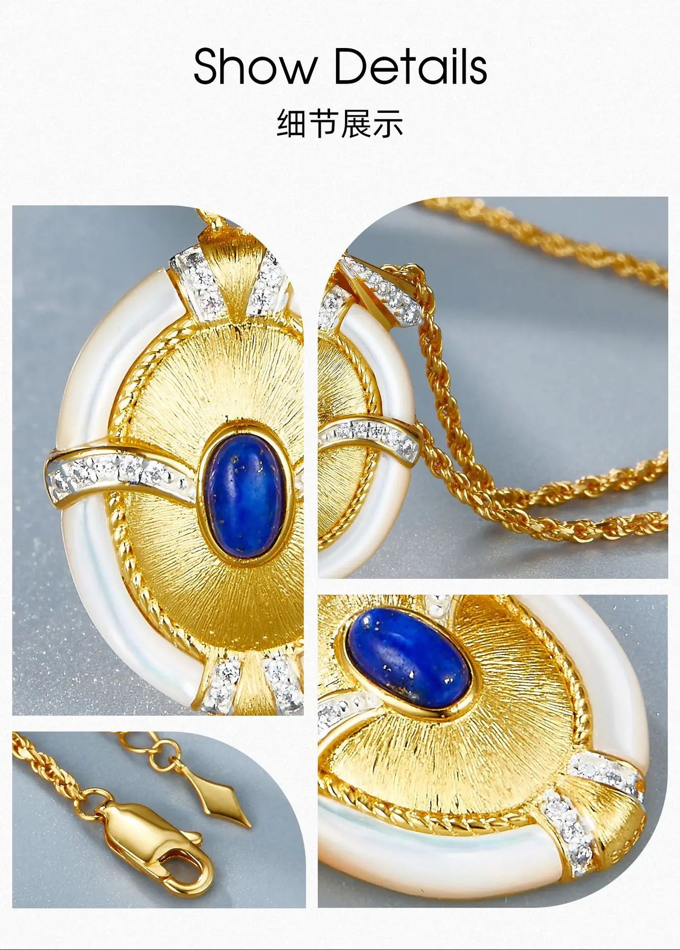 Certificated Vintage 925 Silver Oval Brushed Pendant With Natural Lapis Real White Shell Chain Necklace Italian Luxury Jewelry