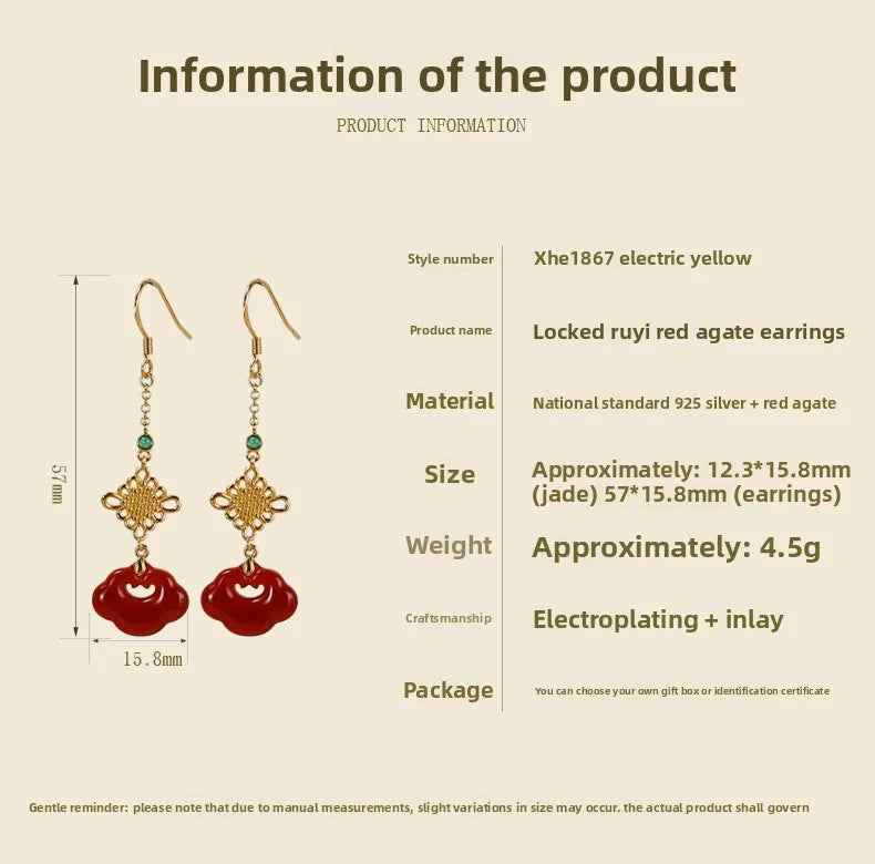 Red Agate Silver Plated Small Flower Good Luck Longevity Lock Agate Earrings Vintage Style for Cheongsam Hanfu Retro Aesthetic