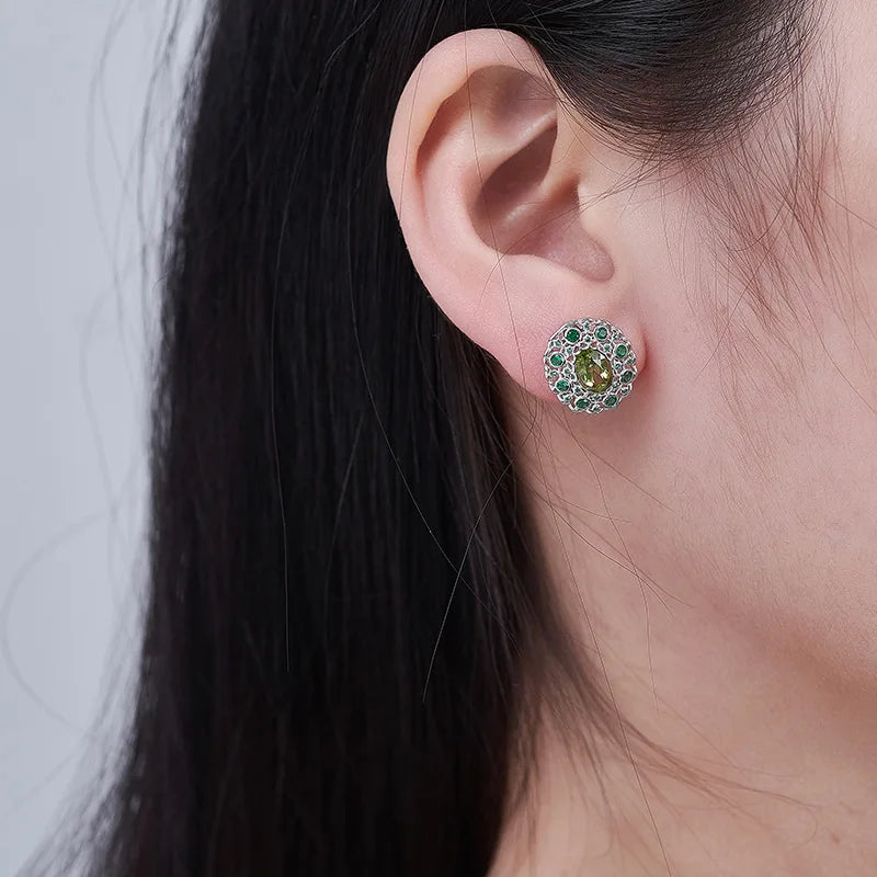 S925 Sterling Silver Studs Earring for Women Peridot Micro Inlay Zirconl Palace Style Ear Studs Fashion Jewelry Wholesale
