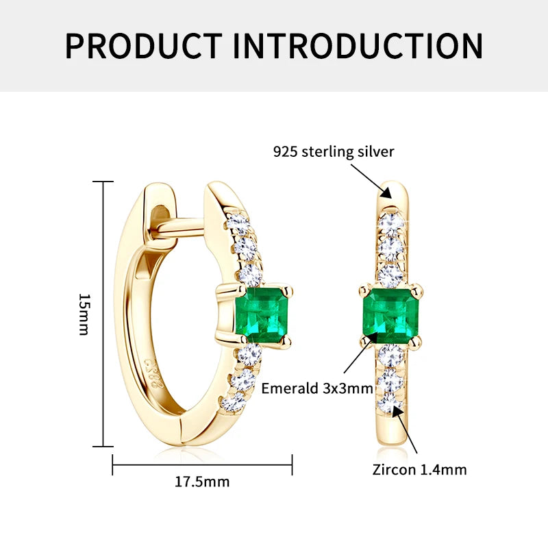 925 Sterling Silver Plated 14K Gold Ladies Hoop Earring 3x3mm Square Artificial Emerald Vintage Earrings for Women Jewelry Gift