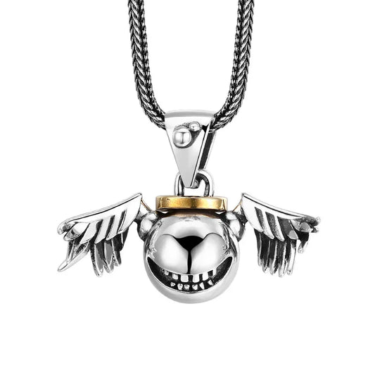 Mens Devil Smile Skull Wing Pendant 925 Sterling Silver Vintage Necklace Gothic