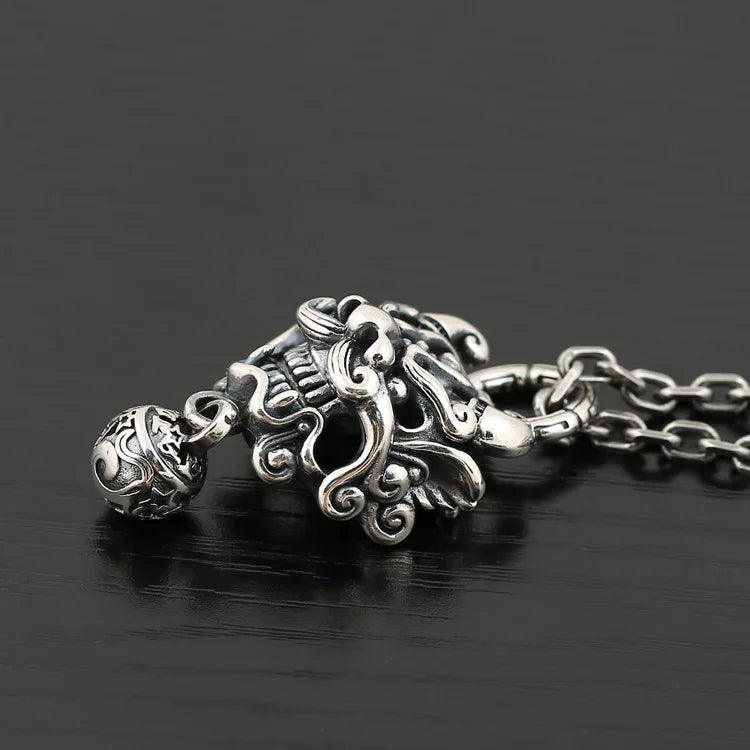 BOCAI New  Pure S925 Silver Vintage Thai Chinese Style Tang Lion Bell Pendant for Man Good Luck Jewelry Accessories