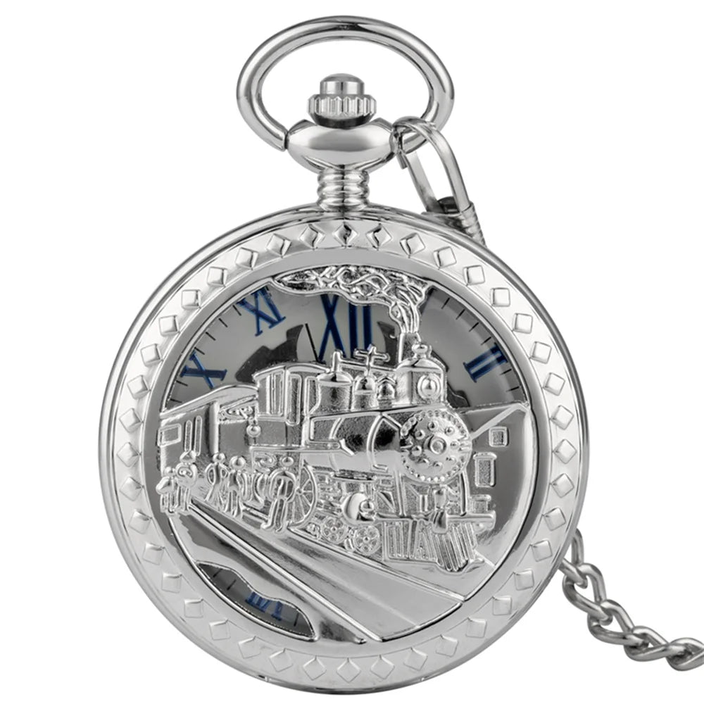 Steampunk Vintage Train Pattern Mechanical Hand-wind Pocket Watch Red Copper Pendant Antique Clock Manual Mechanism Timepiece