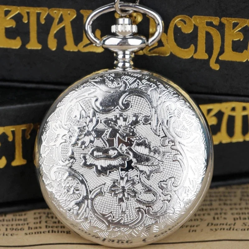 Classic Vintage Pinion Hollow Engraved Quartz Pocket Watch Flip White Dial Arabic Numerals Necklace Pendant Clock Jewelry Gift