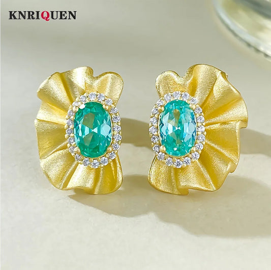 Retro 925 Sterling Silver Stud Earrings for Women with 4*6mm Green Paraiba Tourmaline Gemstone Wedding Party Fine Jewelry Gifts