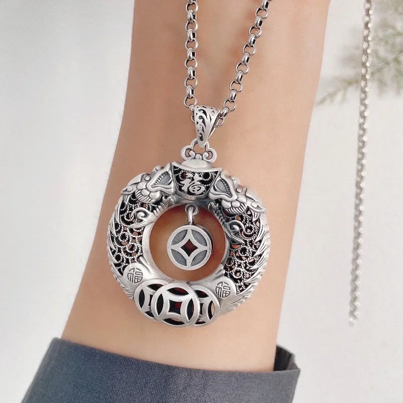 Real S999 Sterling Silver Retro Lucky Double Dragons Pendant For Men Women Chinese Style Fortune Dragon Round Chain Pendant