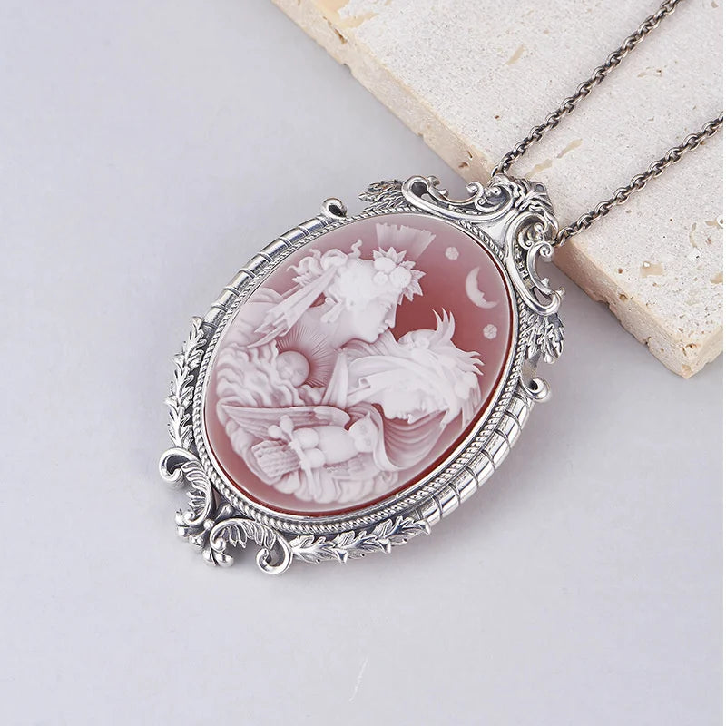 S925 Sterling Silver Charms Pendant for Women Palace Style Pattern Inlaid Red Agate Goddess Head Sculpture Jewelry Wholesale