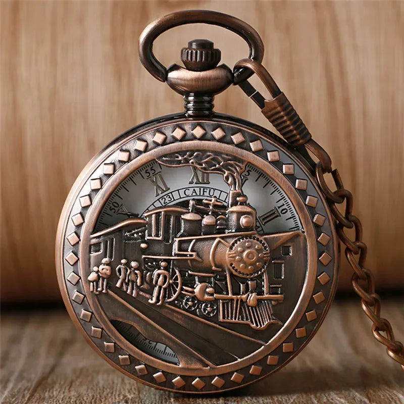 Old Fashion Men Women Mechanical Handwinding Pocket Watch Locomotive Hollow Train Skeleton Clock Pendant FOB Chain reloj Gift