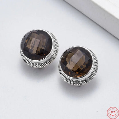 S925 Sterling Silver Studs Earring for Women Retro Edging Tangent Plane Smoky Quartz Ear Studs Fashion Classic Jewelry Wholesale