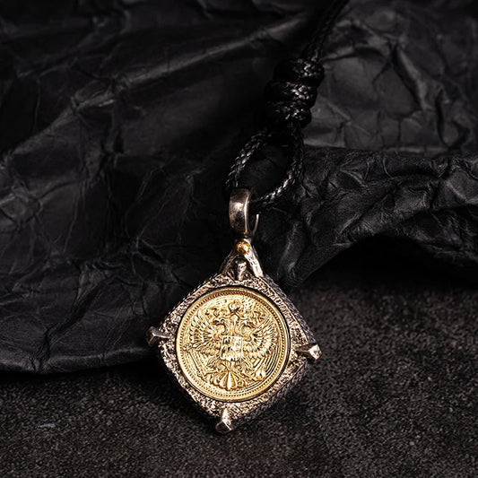 Double Headed Eagle Embossed Silver Inlaid Copper Pendant Necklace  Byzantine Style Vintage Antique Jewelry Gift