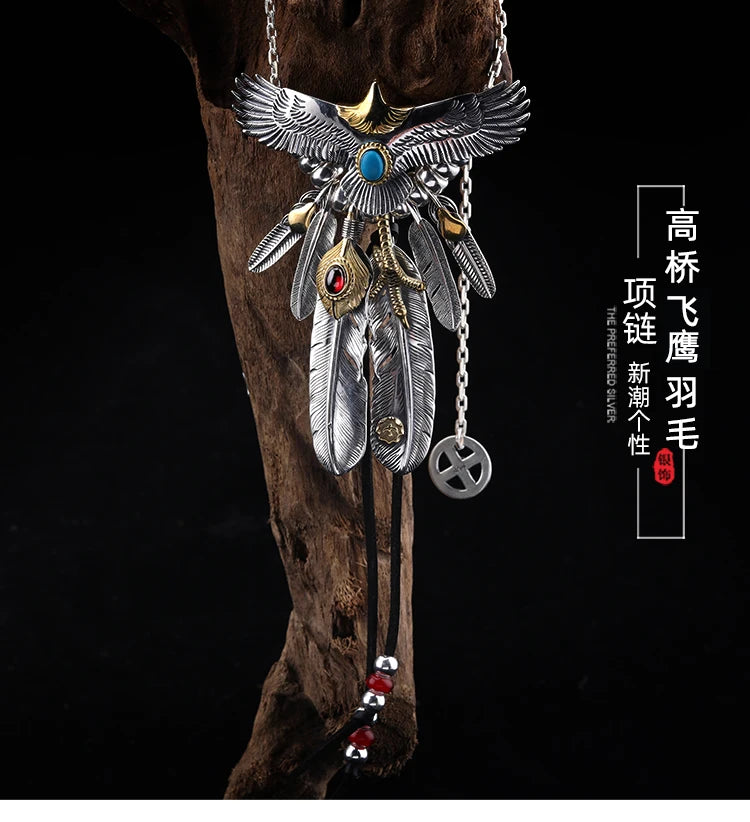 S925 Silver Bridge Feather Eagle Indian Trendy Necklace Female Sweater Chain Hip Hop Men's Pendant
