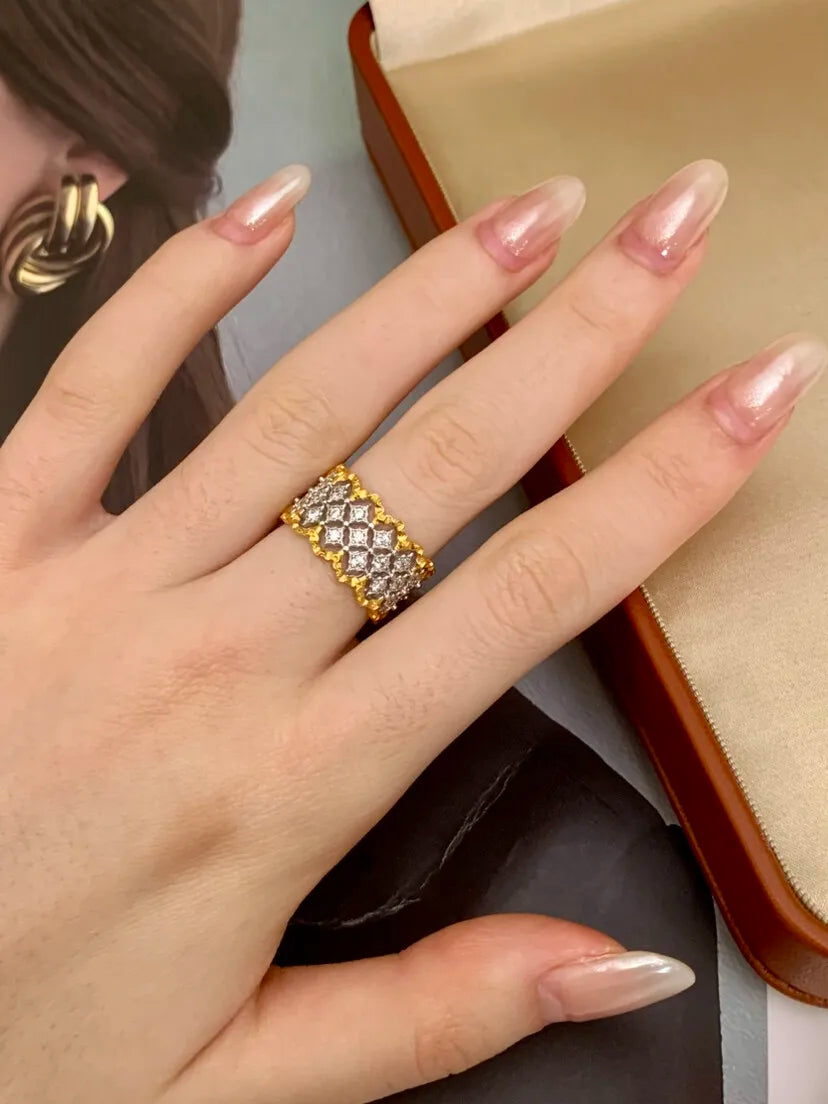 Italian Medieval-style Retro Color-blocked Lace Ring Earrings S925 Silver Gold Plated