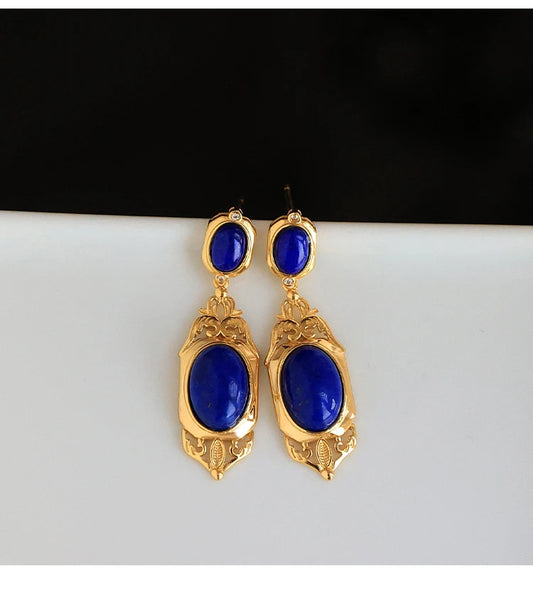 Natural Lapis Lazuli Earrings S925 Sterling Silver Gold-plated Retro French High-end Niche Blue Classical Earrings