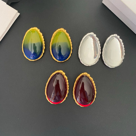 European and American retro geometric elliptical design earrings - red, silver and green resin earrings