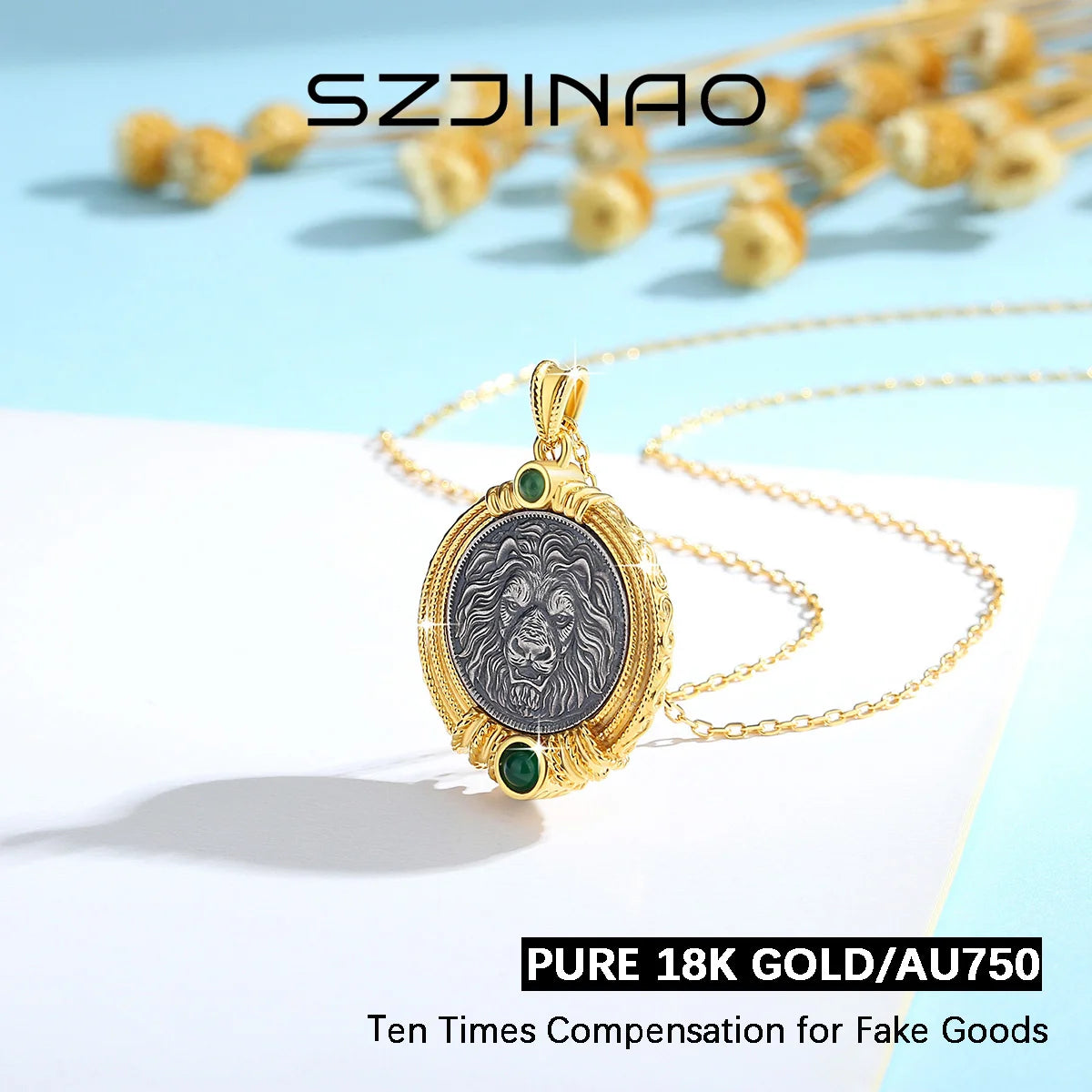 Silver Ancient Coin with Lion's Head 18K Gold Necklace Pendant Fine Sculpture Original Design for Man Women Vintage Jewelry