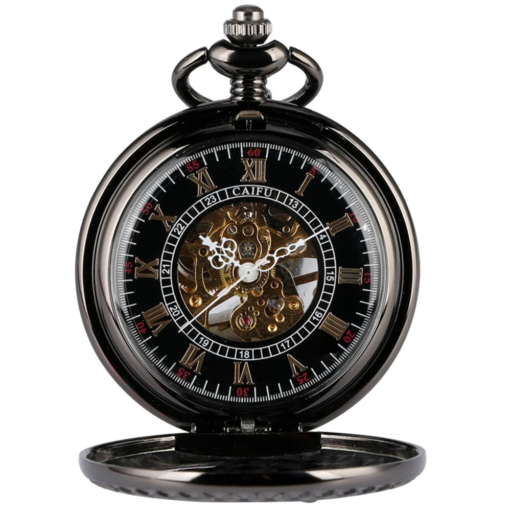 Steampunk Vintage Train Pattern Mechanical Hand-wind Pocket Watch Red Copper Pendant Antique Clock Manual Mechanism Timepiece