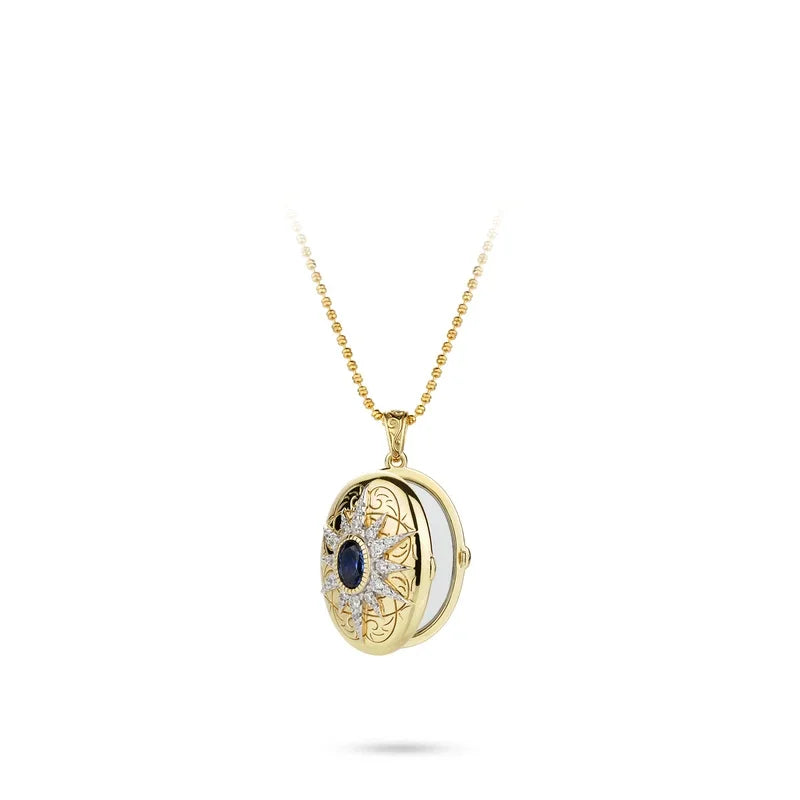 BELLUX Pendant Chain 925 Silver Gold-plated Synthetic Zircon Oval Sapphire Sunflower Mirror Necklace
