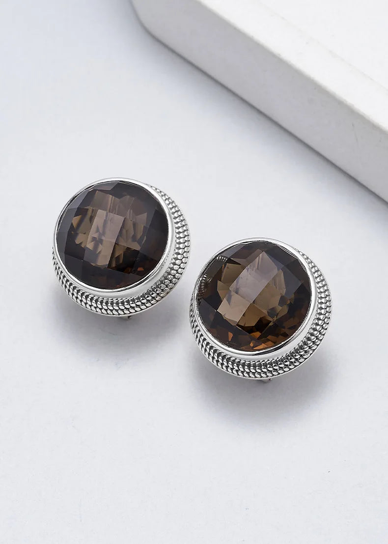 S925 Sterling Silver Studs Earring for Women Retro Edging Tangent Plane Smoky Quartz Ear Studs Fashion Classic Jewelry Wholesale