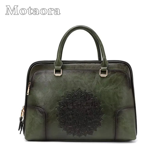MOTAORA Vintage Leather Laptop Bag for Women 14 Inch Laptop Briefcase, Embossed Professional Document Folder Ladies Shoulder Bag