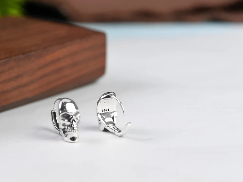 BOCAI New Real S925 Silver Ear Circle Trendy Punk Skull Design Men and Women Earrings Fashion Jewelry Accessories