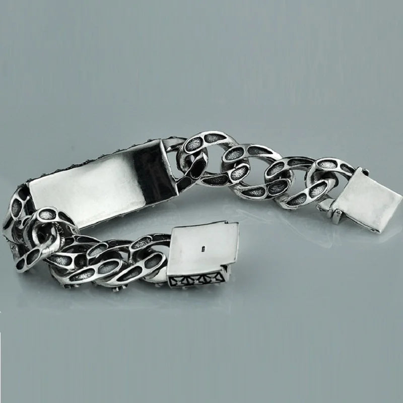 Unibabe Pure Silver Sterling 925 Silver Vintage Skull Carved Chain & Link Lock S925 Bracelet