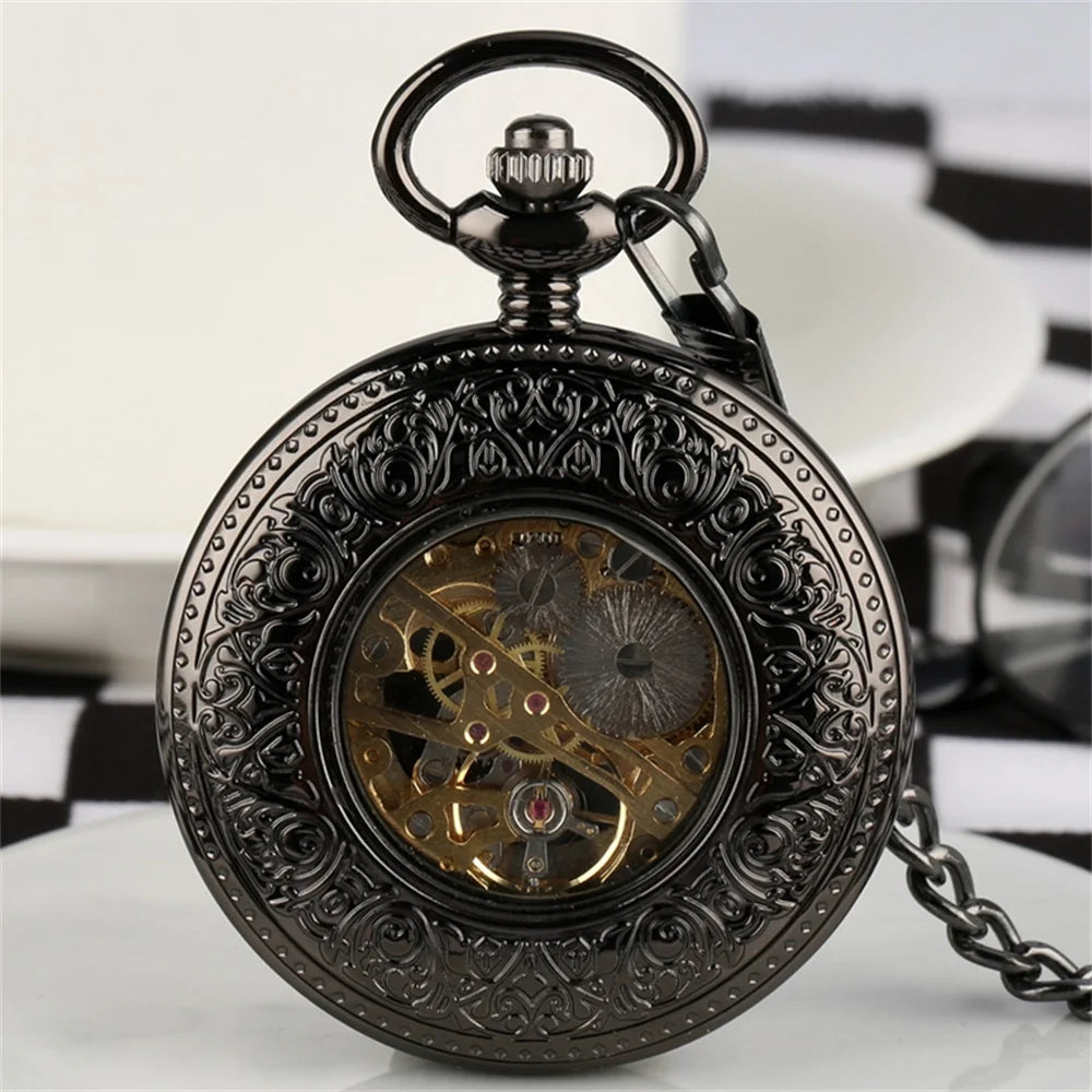 Steampunk Vintage Train Pattern Mechanical Hand-wind Pocket Watch Red Copper Pendant Antique Clock Manual Mechanism Timepiece