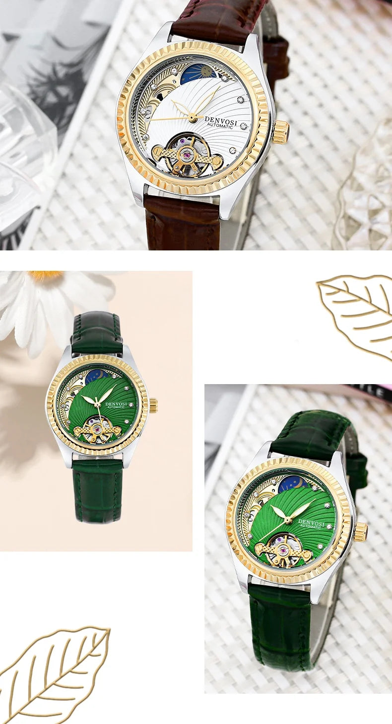 Ladies Flywheel double hollowed luxury fashion casual luminous leather watch with automatic mechanical waterproof wristwatch