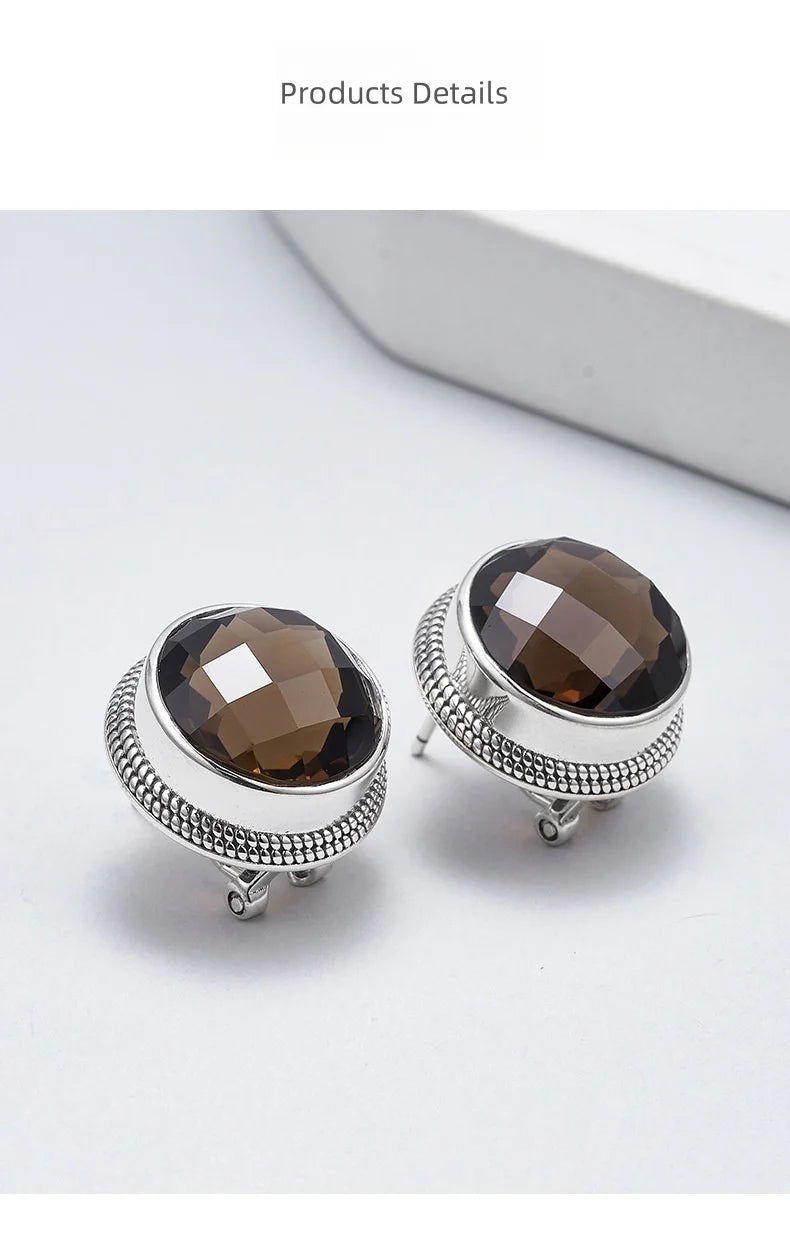 S925 Sterling Silver Studs Earring for Women Retro Edging Tangent Plane Smoky Quartz Ear Studs Fashion Classic Jewelry Wholesale