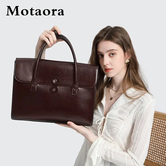 MOTAORA 14 inch Genuine Cowhide Leather Tote Bag for Women - Business Student Laptop Crossbody Shoulder Bag,Professional Design