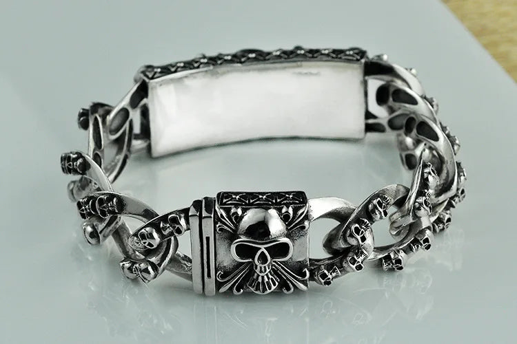 Unibabe Pure Silver Sterling 925 Silver Vintage Skull Carved Chain & Link Lock S925 Bracelet