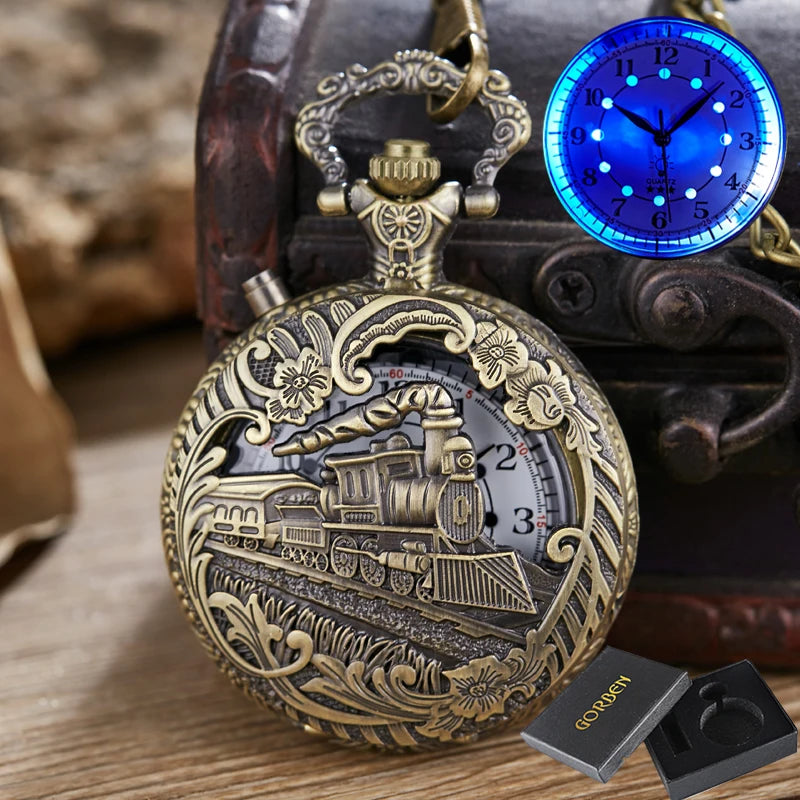 Luminous Blue Led Flash Necklace Vintage Clock Unique Bronze/silver/gold Train Locomotive Engine Noctilucent Quartz Pocket Watch