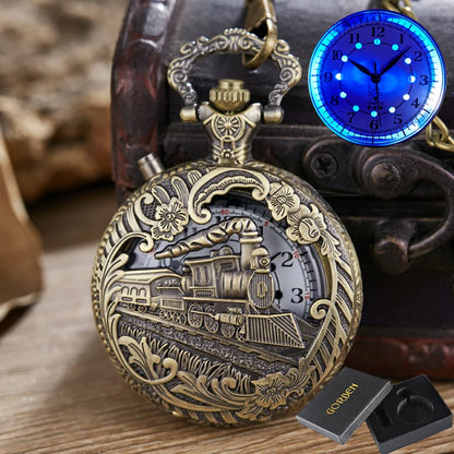 Luminous Blue Led Flash Necklace Vintage Clock Unique Bronze/silver/gold Train Locomotive Engine Noctilucent Quartz Pocket Watch