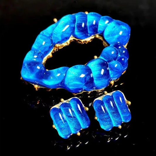 vintage mediaeval blue glass shaped bump lip brooch Corsage Geometric square silver stud earrings for lady