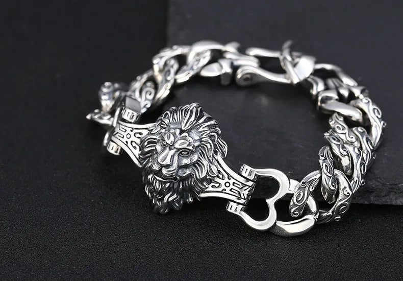 s925 sterling silver ornament retro personality all match trendy fashion Thai silver domineering lion's head bracelet for men