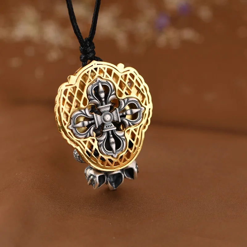 S925 Silver Pendant Necklace, Vintage Gold Flame Skull Men's Garuda Bird Chain, Gothic Statement Jewelry Gift for Men