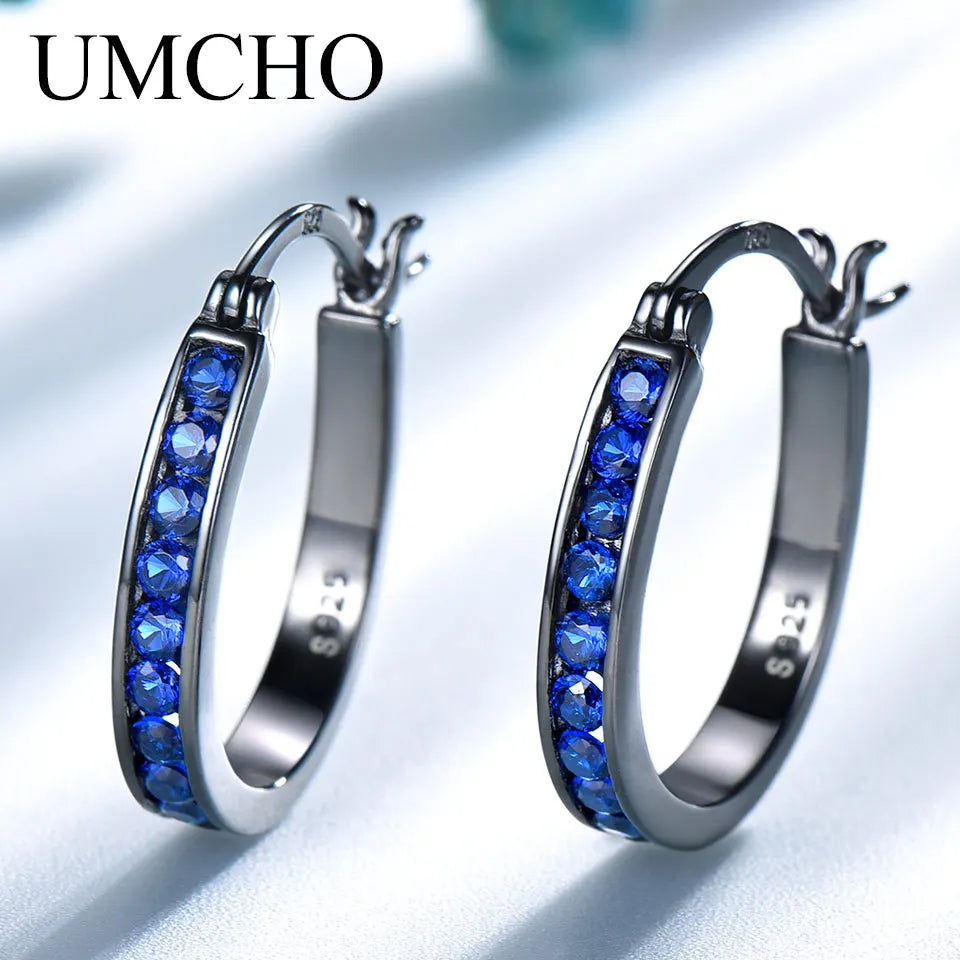 Vintage Non Tarnish Womens 925 Silver Earring Black Blue Zircon Hoops Earrings