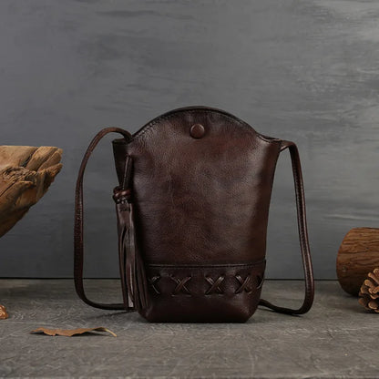MOTAORA New Small Cowhide Women Shoulder Bag Casual Tassel Bucket Handbag Mini Genuine Leather Mobile Phone Crossbody Bag Purse
