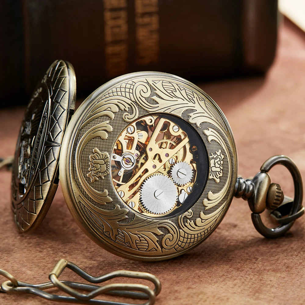 Mechanical Pocket Watch Luxury Antique Skeleton Men Steampunk Mechanical Fob Watches Clock Pendant Hand-winding Relogio De Bolso