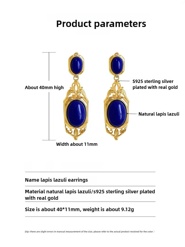 Natural Lapis Lazuli Earrings S925 Sterling Silver Gold-plated Retro French High-end Niche Blue Classical Earrings